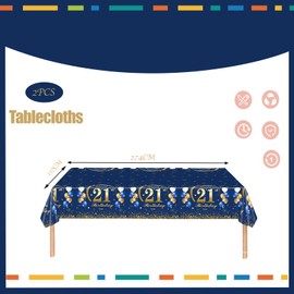 21st Birthday Table Decoration,2pcs Navy Blue Gold 21st Table Cloth,Happy 21st Birthday Tablecloth for Boys,Girls,Men ,137*274cm Plastic Tablecloths Table Cover 21st Birthday Decorations for Him Her