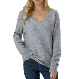 Simple&Opulence Women’s V Neck Sweaters Long Sleeve Ribbed Soft Knit Pullover Cozy Lightweight Casual Tops (Basic Grey,XL)
