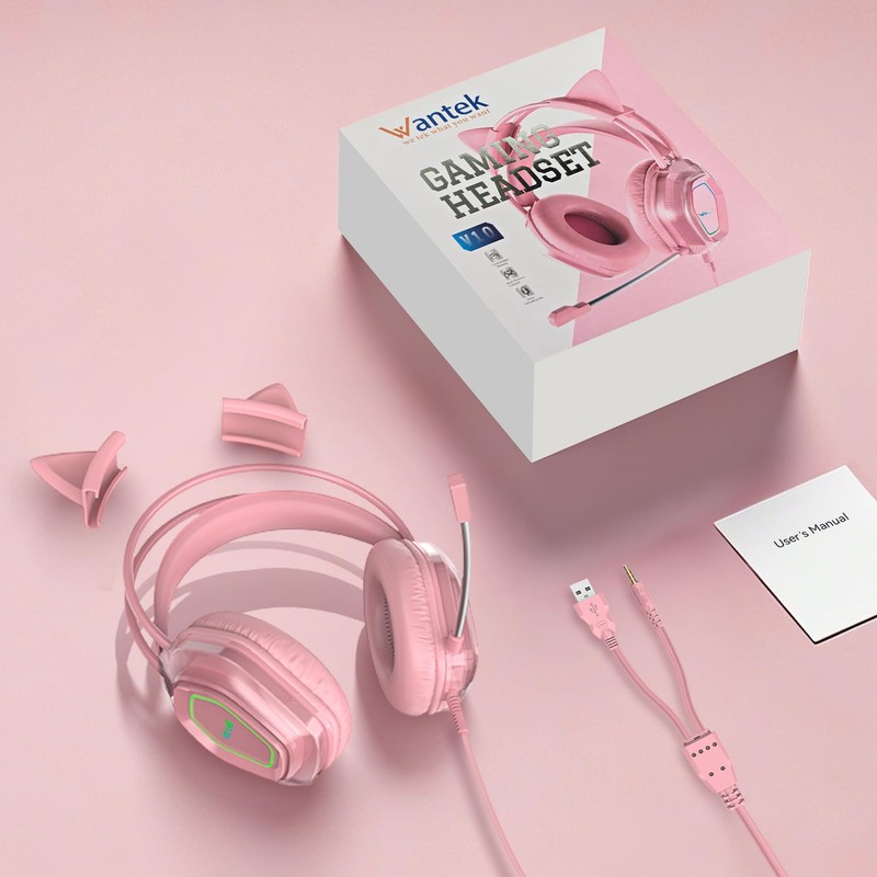 Wantek Cute Cat-Ear Gaming Headset - 50mm Drivers, Noise-Cancelling Mic,