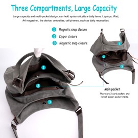 DOURR Women's Multi-pocket Shoulder Bag Fashion Cotton Canvas Handbag Tote Purse (Khaki - large size)