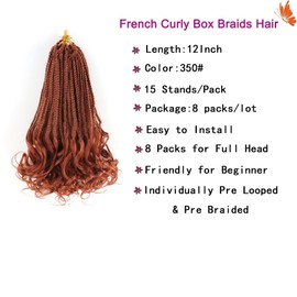 EFFGOCO 12 Inch Short French Curl Braiding Hair Crochet Braids 8 Packs Ginger Box Braids Crochet Hair for Women Copper Red French Curls Hair Extensions (12 Inch,350#)