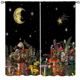 Mushroom Curtain,Black Night Boho Hippe Gothic Botanical Moon Satr Window Treatment Curtains Home Decor for Kitchen Bedroom Cafe Dining Room Office Living Room Drapes, 42x45 in