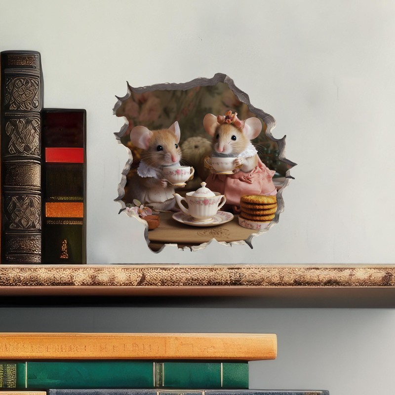 Tea Time Mice Mouse Hole Wall Decal with 3D Effect