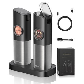 FORLIM Gravity Electric Salt and Pepper Grinder Set, Upgraded Large Capacity, USB Rechargeable Automatic One Hand Operated, Adjustable Coarseness, Auto Dust Lid, LED Light(Stain Steel Black)