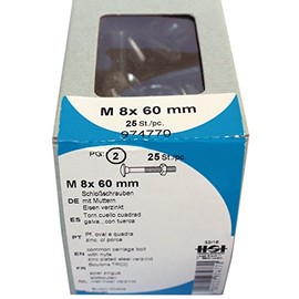 HSI Carriage Bolt with Nuts Galvanised Iron M8 x 60 mm DIN603 ISO 8677 - 974770 Pack of 25