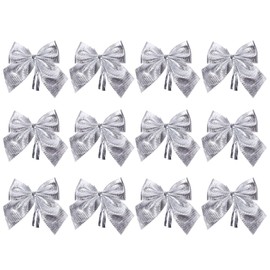 MAGICLULU 12Pcs Christmas Silver Tree Bows Wreaths Bows Hanging Bowknot for Chrismas Holiday Party Wreath Crafts (Silver)