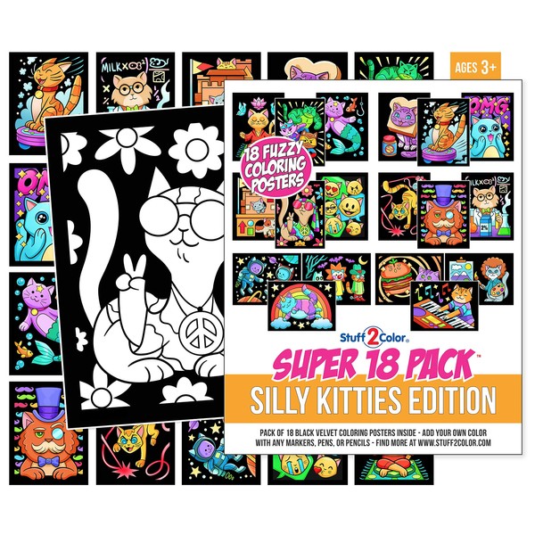 Super Pack of 18 Fuzzy Coloring Posters (Silly Kitties Edition) - Arts & Crafts for Kids, Toddlers, Girls, Boys & Adults - Great for Family Fun Activities or Coloring with Friends (1 Pack)