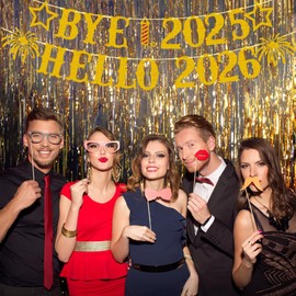 Giflloon Bye 2025 Hello 2026 Banner, No DIY Glitter Happy New Year Banner for Happy New Year Decorations 2026 Eve Party Supplies, Gold