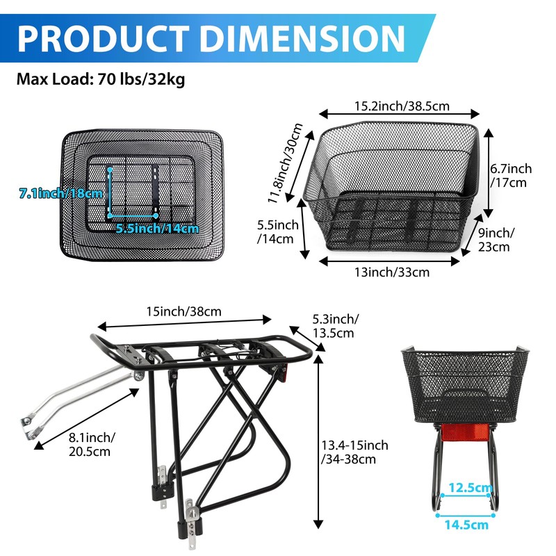 YEEGO DIRECT Rear Bike Rack with Basket, Adjustable Detachable Bike