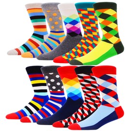 Chalier Mens Funny Dress Socks Colorful Novelty Funky Pattern Casual Cotton Crew Socks Pack (CA/US, Alpha, One Size, Regular, Regular, Dress Socks Multicolor 05 (10Pairs))