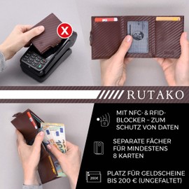 RUTAKO Slim Wallet with Coin Compartment, Mini Wallet for Men and Women, Credit Card Holder, Small Wallet, Carbon brown, Without coin compartment