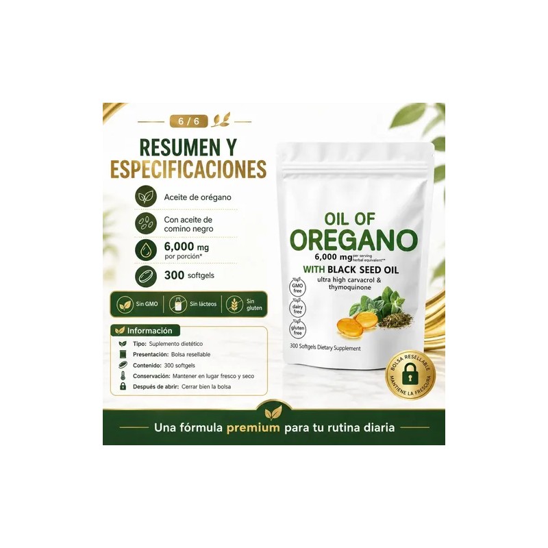 Aceite Oregano Semilla Negra 6000 Mg Sin Gluten 300