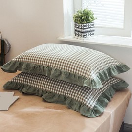 JadeRich Ruffled Pillow Shams Set of 2 Soft Breathable Washed Cotton Zipper Standard Pillowcases Euro Bed Pillow Covers