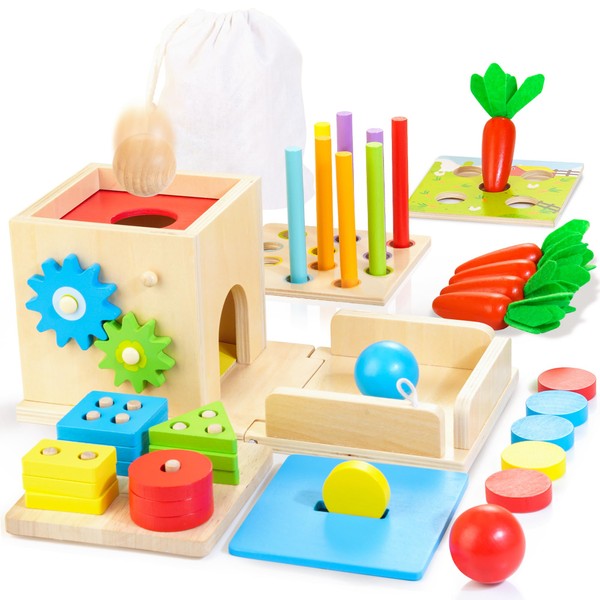 Kizfarm Wooden Montessori Baby Toys, 8-in-1 Wooden Play Kit Includes