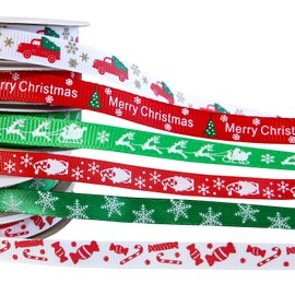 60 Yards 3/8" Christmas Ribbon for Crafts, White Red and Green Holiday Grosgrain Ribbon Christmas Ribbon for Gift Wrapping Festival Holiday Party Hair Bow Clips DIY Crafts Decoration (6 Rolls)