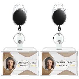 Uniclife Clear Vertical ID Card Holder for 2 Cards with Thumb Slots Hard PC Case Protector with Retractable Badge Holder Carabiner Clip for Credit Cards, Pack of 5