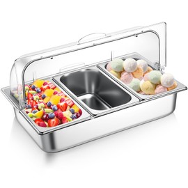 Ziliny Countertop Ice Food Serving Display Tray with 3 Pan Stainless Steel Salad Bar Buffet Station Display Rack Condiment Dispenser with Clear Roll Top Cover for Restaurant Hotel Kitchen Party
