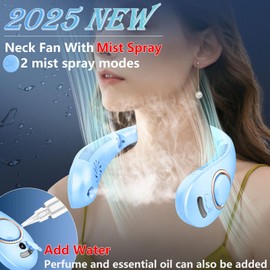 KJXIC Misting Fan-Foldaway Neck Fan with Mist,Personal Fans for Neck Wearable Hanging Around,Cordless Coolers for Female Male Kids Dad Mom Extremely Hot Weather Light Blue
