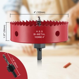 102mm Hole Saw, HSS Bi-Metal Hole Cutter with Drill Bit, Heavy Duty Hole Saw for Wood, Plastic, Drywall, Fiberglass, Red