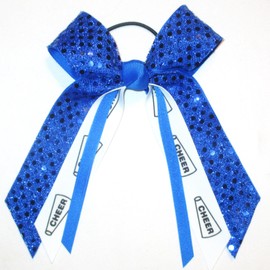 Cheerleading Soft Touch Sequin Hair Bow, Made in the USA, White Pony Band, (Royal Blue)