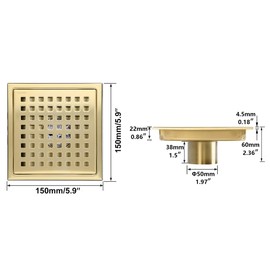 RANDOM Brushed Gold Shower Drain Square 6 Inch Shower Floor Drain with Grid Grate & Removable Hair Strainer 304 Stainless Steel Shower Drain Cover Bathroom Accessories.98738BG