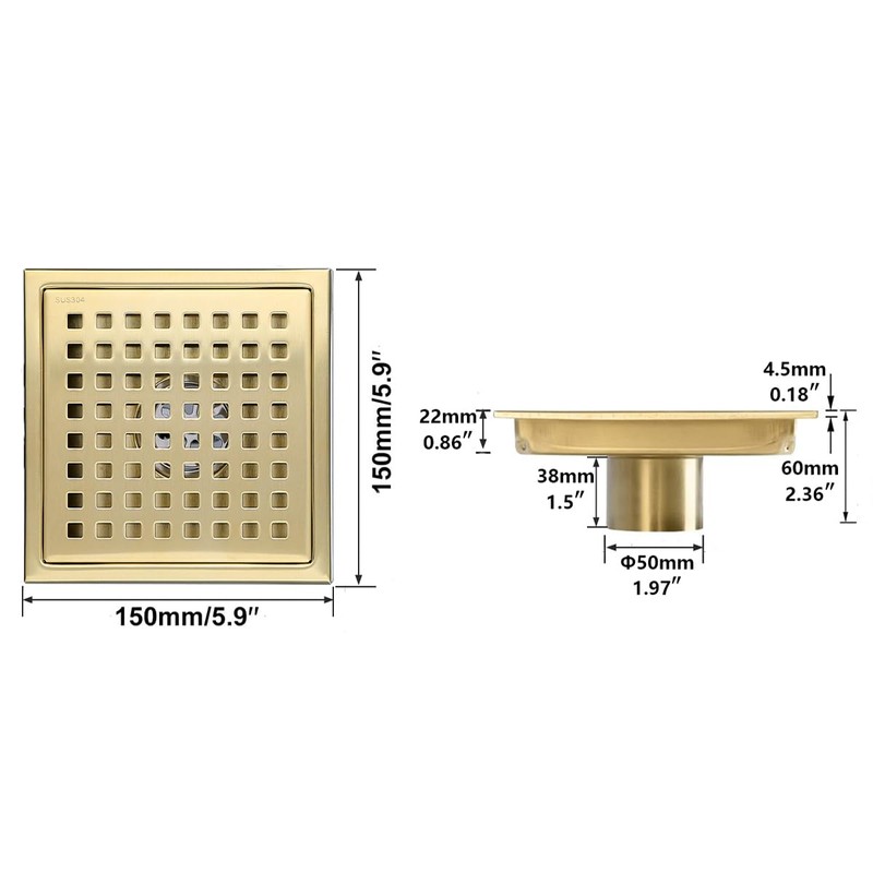 RANDOM Brushed Gold Shower Drain Square 6 Inch Shower Floor