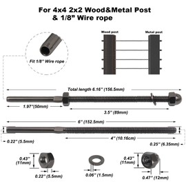 Challcrea 60Pcs 1/8 Black Cable Railing Hardware System Kit, Length 6" Swage Threaded Stud Tensioner for 4x4 2x2 Wood Metal Post for Stair Deck Railing, End Fitting Terminal T316 Stainless Steel