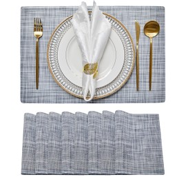 Counfeisly Vinyl Placemats Set of 8, Easy Clean Woven Vinyl Placemats for Dining Table, Indoor/Outdoor Place Mats, Washable PVC Table Mats, Grey/White