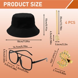 90s Accessories Outfit for Women/Men 80s Hip Hop Costume Kit Old School Rapper DJ Hat Sunglasses Dollar Sign Ring Gold Rope Chain Necklace Jewelry Set for Fancy Dress Cosplay Party Decorations (Black)