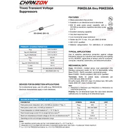 (Pack of 50 Pieces) Chanzon TVS Diodes P6KE15A P6KE15 600W 15V DO-15 (DO-204AC) Axial Unidirectional Channel 600 Watt 15 Volt