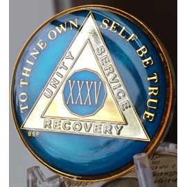 35 Year Midnight Blue AA Alcoholics Anonymous Medallion Chip Tri Plate Gold & Nickel Plated XXXV