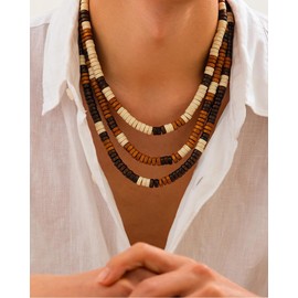 ALRNBY Puka Shell Necklace for Men Beach Necklaces Black Layered wooden Beads Necklaces Summer Surfer Jewelry (3-Layer Necklace)