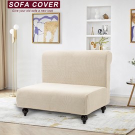 TIANSHU Sofa Cover, 2 Seats, Armless, Chair Cover, Solid, Vertical and Horizontal Elasticity, Stretchable, Fit Type, Anti-Slip, Soft, Elastic Material, Good Stretchability, Four Seasons, Super Convenient (2 Seaters, Beige)