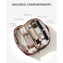 EACHY Travel Makeup Bag,Large Capacity Cosmetic Bags for Women,Waterproof Portable Pouch Open Flat Toiletry Bag Make up Organizer with Divider and Handle, AK-Red, Medium