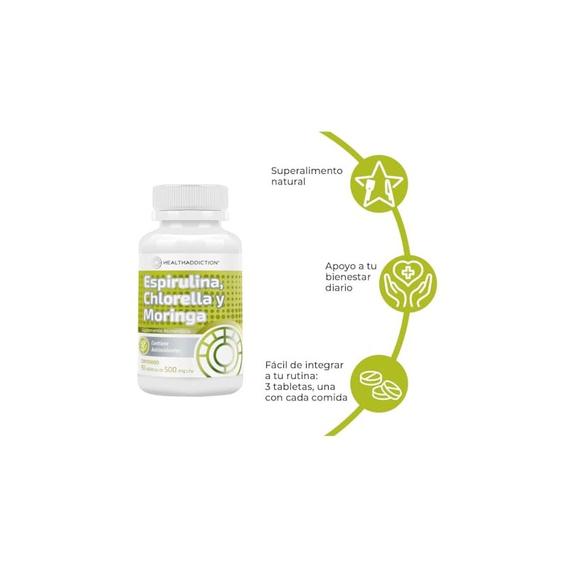 HEALTHADDICTION - Complejo de Espirulina, Chlorella y Moringa, Suplemento Alimenticio