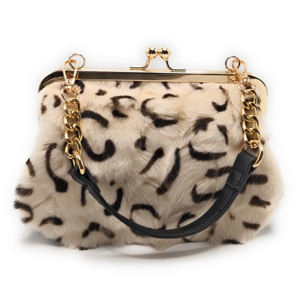Fosrion Luxurious Leopard-Print Genuine Mink Fur Evening Handbag – Elegant