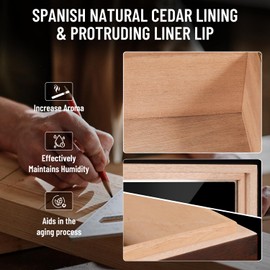 Flauno Cigar Humidor, Spanish Cedar Wood Humidor, Accurate Digital Hygrometer, Humidifier, Divider, Glass Top Cigar Box Holds 40-60 Cigars, Gift for Cigar Lovers
