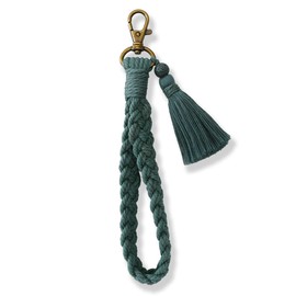 XGALBLA Soft Boho Macrame Keychain Bracelet Handmade Wristlet Keychain Tassel Keyring Country style Wrist Lanyard Handmade Weave Holder for Women(Deep Green)