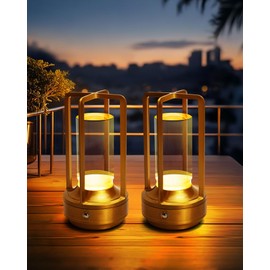 Jinchangming Set of 2 Cordless Table Lamps, LED Rechargeable Battery Operated Desk Lamps with 3 Color Stepless Dimmable, Small Light Portable for Outdoor Patio Bar Restaurants Bedroom Bedside (Gold)