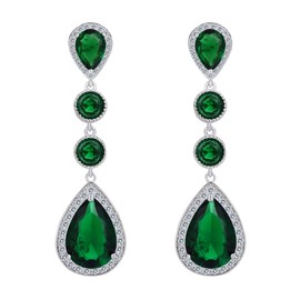 EleQueen Women's Silver-Tone Cubic Zirconia Teardrop Bridal Dangle Earrings Emerald Color