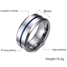 Newshe Tungsten Rings for Men Mens Wedding Bands for Him Groove Ring Carbide Blue Line 8mm Size 11
