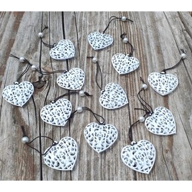 12 x Hanging Hearts Decorative Hanging Metal Hanging Decoration (Set of 12 Heart Pendants, White Ornament)
