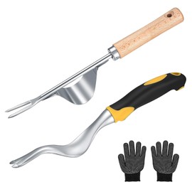 UBJUBT 2 Pack Weed Remover Tool, Stainless Weeding Tool with Gloves, Weed Puller Root Remover with V-Shape Hook, Weeding Tools for Garden, Dandelion，Patio and Lawn
