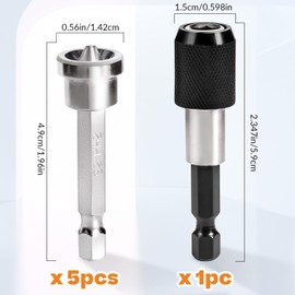 PH2 Magnetic Positioning Screwdriver Bits Drywall Screw Setter Plasterboard Screw Hex Shank Positioning Bit Batch Head, 5pcs 50mm Drywall Screw Bits with 60mm Magnetic Extension Bit Holder