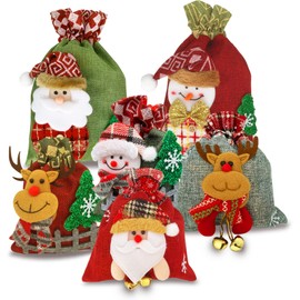 Christmas Gift Bags 6PCS Christmas Bags for Gifts, 3D Design Small Medium Christmas Bags Assorted Sizes, Xmas Christmas Candy Bags with Drawstring Christmas Goodie Bags for Kids Christmas Treat Bags