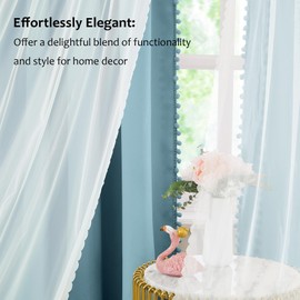 Pom Pom Blackout Curtains with Sheer Overlay for Living Room Bedroom, Kid's Room, Blue Mix and Match Double Layer Window Curtains Rod Pocket Thermal Insulated Curtains with Tiebacks, 2pcs, 52x84, Blue