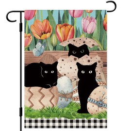 DLZDN Easter Cat Garden Flag Eggs Black Cat Floral Garden Flag 12×18 Inch Double Sided Buffalo Plaid Farmhouse Yard Flag Spring Holiday Outdoor Decor