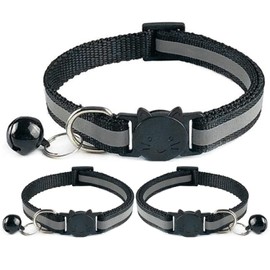 3x Reflective Design Adjustable Cat Collars (20-32cm) - More Safety with Quick Release Safety Buckle and Bell, Black - Cat Collars, Harnesses & Leads,Cat Collar with Bells