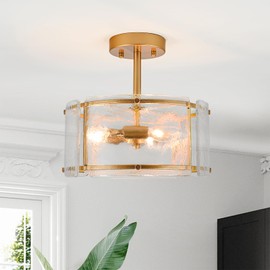 Kunlinzhu Gold Semi Flush Mount Ceiling Light Fixture 3 Light,11.8 Inch Small Drum Modern Farmhouse Glass Ceiling Light Fixtures for Bedroom,Entryway,Hallway,Kithcen,Dining Room,Living Room