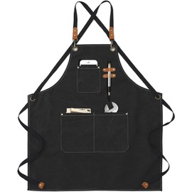 Mandil Parrillero,Delantal de Cocina para hombres y mujeres con bolsillos grandes,Mandiles de Cocina de Adjustable en Piel,Para barbacoa,cocina,peluquería,cafetería,jardín,etc (Negro)